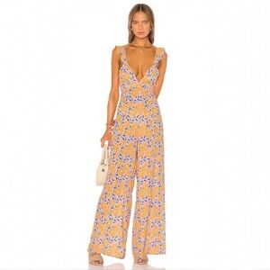 RESA Jilly Orange Blue Purple Floral Wide Leg Tie-Back Jumpsuit, XS